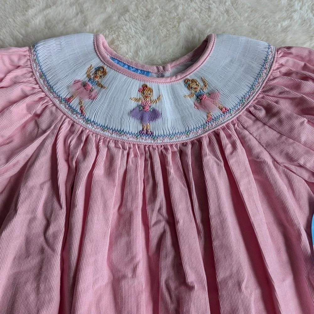 Anavini Girls Pink Corduroy Hand Smocked Ballerina Bishop Dress 4T NEW!